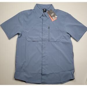 NWT Mountain Hardware Men Trail Sender Short Sleeve Camp Shirt Small Blue UFP 50